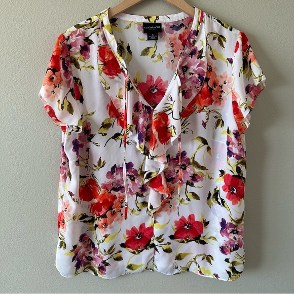 Liz Claiborne Career White & Floral Short Sleeve Flowy Ruffle Blouse Size XL - Picture 2 of 10